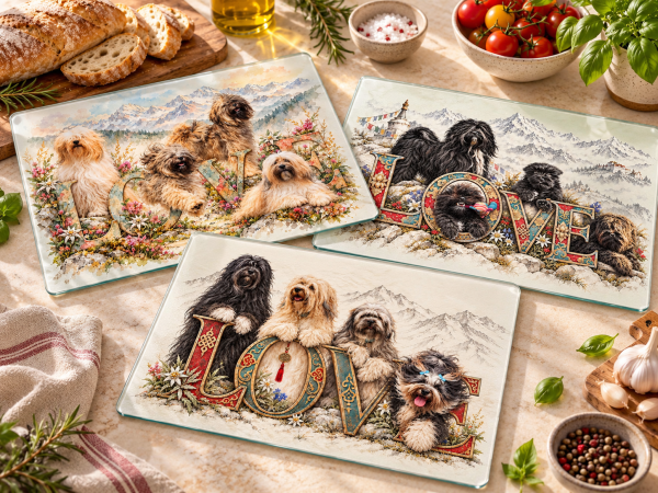 LOVE - Heritage Collection | Tibetan Terrier Glas-Schneidebretter-3er-Set